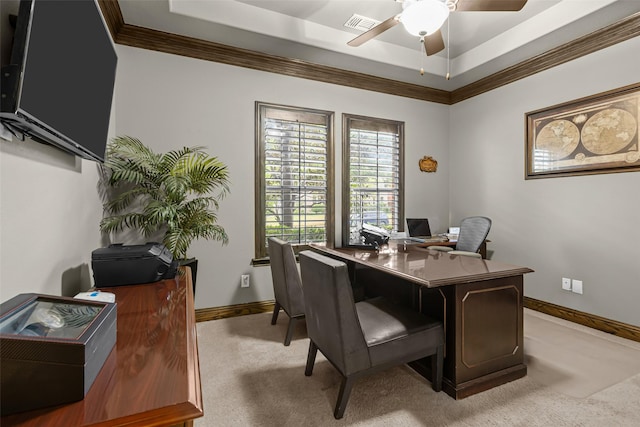 429 S Hampton Ct, Lewisville, TX 75056 - home office with baseboards, a tray ceiling, a ceiling fan, and ornamental molding