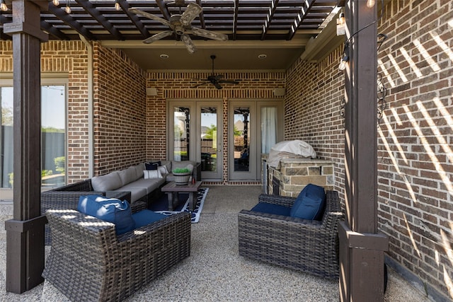 429 S Hampton Ct, Lewisville, TX 75056 - view of patio / terrace featuring outdoor lounge area, area for grilling, french doors, and ceiling fan