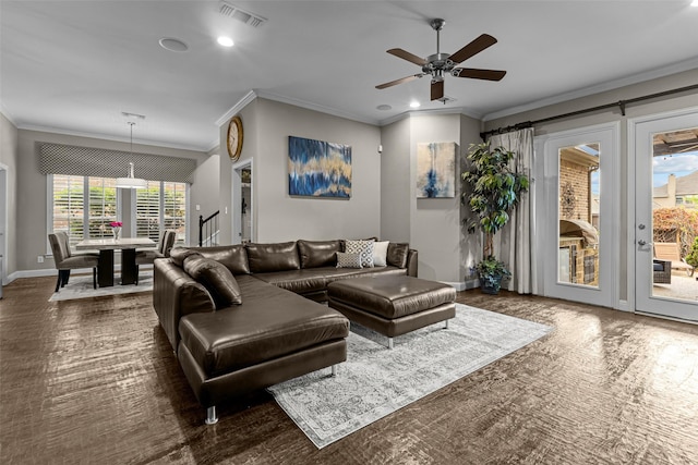 429 S Hampton Ct, Lewisville, TX 75056 - living room with crown molding, ceiling fan, visible vents, recessed lighting, and baseboards