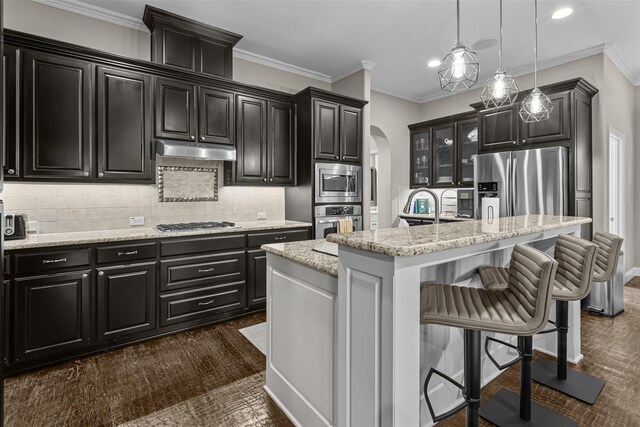 429 S Hampton Ct, Lewisville, TX 75056 - kitchen with arched walkways, appliances with stainless steel finishes, dark cabinets, and under cabinet range hood