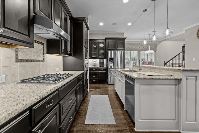 429 S Hampton Ct, Lewisville, TX 75056 - kitchen featuring tasteful backsplash, range hood, a sink, ornamental molding, and appliances with stainless steel finishes