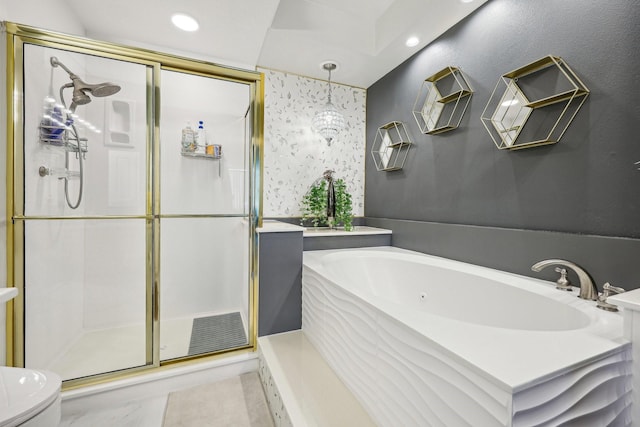 full bathroom with a garden tub, toilet, a shower stall, and recessed lighting