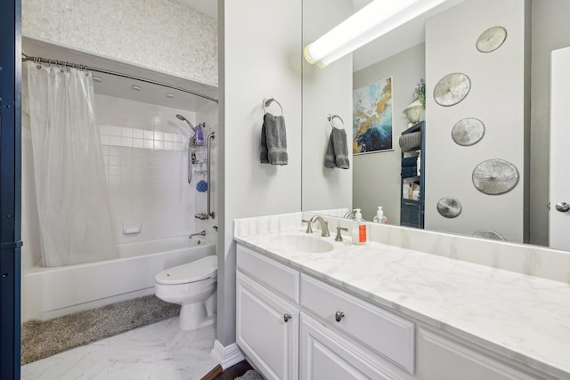 full bath with toilet, shower / tub combo with curtain, marble finish floor, and vanity