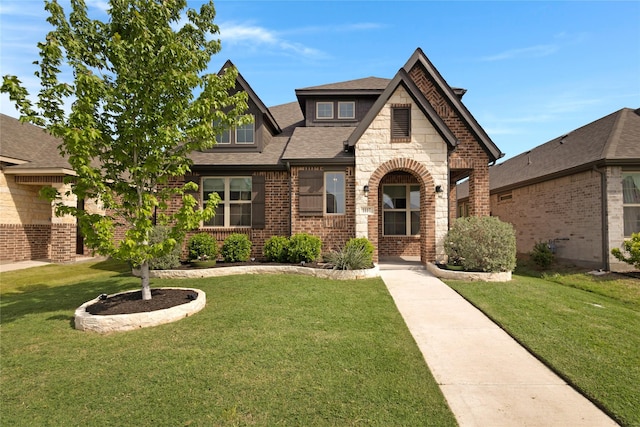 english style home with roof with shingles, stone siding, a front lawn, and brick siding