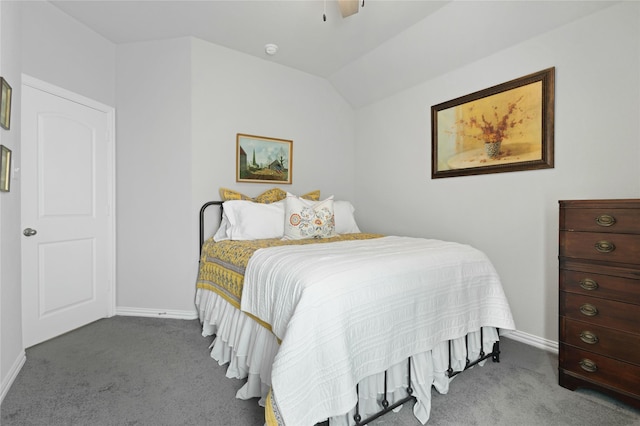 carpeted bedroom featuring baseboards, ceiling fan, and lofted ceiling