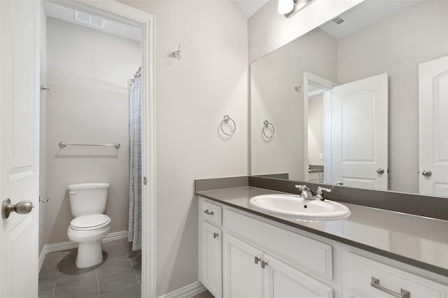 full bathroom featuring visible vents, toilet, vanity, and tile patterned flooring
