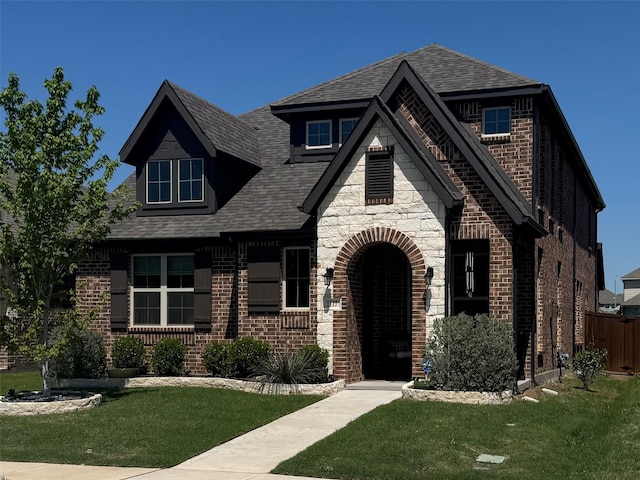 view of front of home with brick siding, a front lawn, and roof with shingles