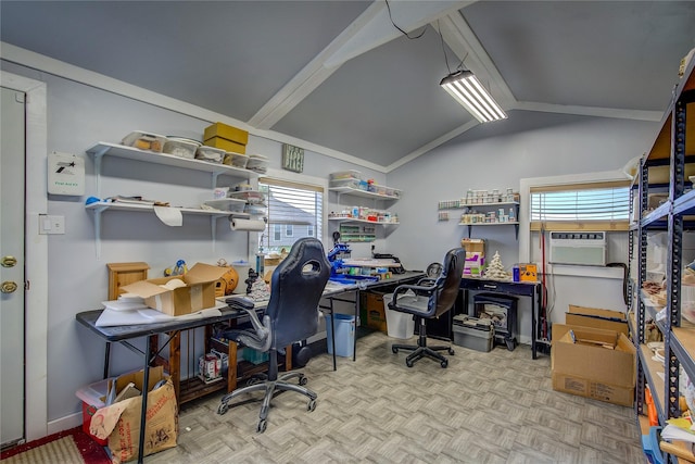 office with baseboards and lofted ceiling with beams