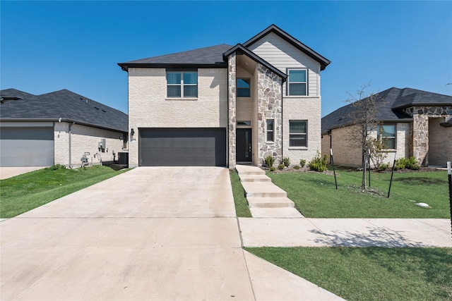 view of front facade featuring a garage, concrete driveway, cooling unit, and a front lawn