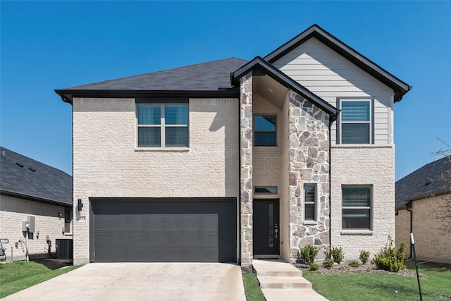 view of front facade with central air condition unit, a garage, stone siding, and concrete driveway
