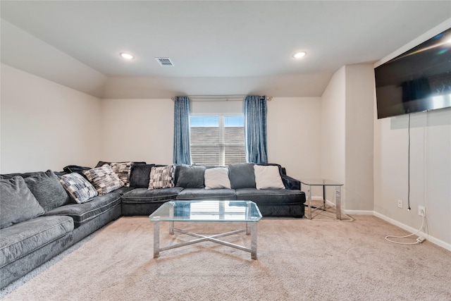 living area with baseboards, carpet, visible vents, and recessed lighting