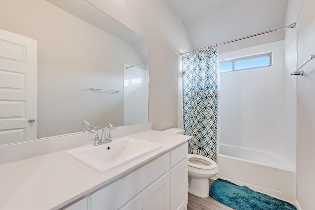 full bathroom featuring shower / bathtub combination with curtain, vanity, toilet, and wood finished floors