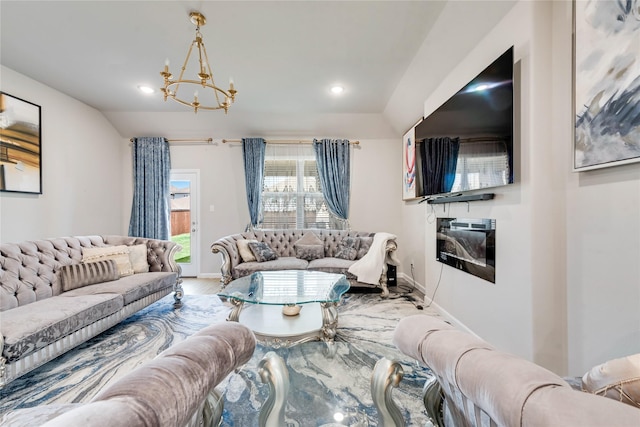 living room with an inviting chandelier, baseboards, lofted ceiling, and recessed lighting