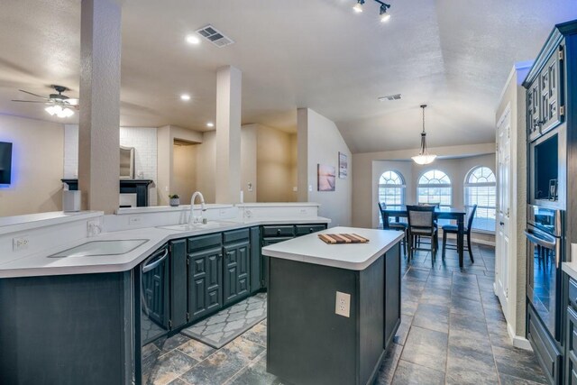living room featuring dark wood-style flooring, baseboards, recessed lighting, a fireplace, and ceiling fan