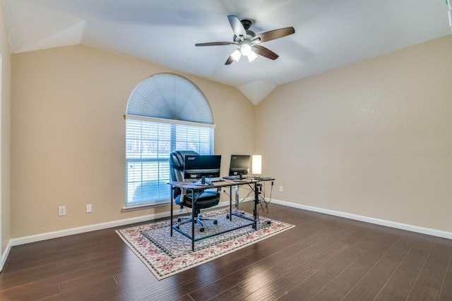 office featuring wood finished floors, ceiling fan, lofted ceiling, and visible vents