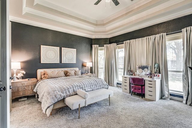 500 Lismore Dr, Mansfield, TX 76063 - carpeted bedroom with a tray ceiling, ornamental molding, and a ceiling fan