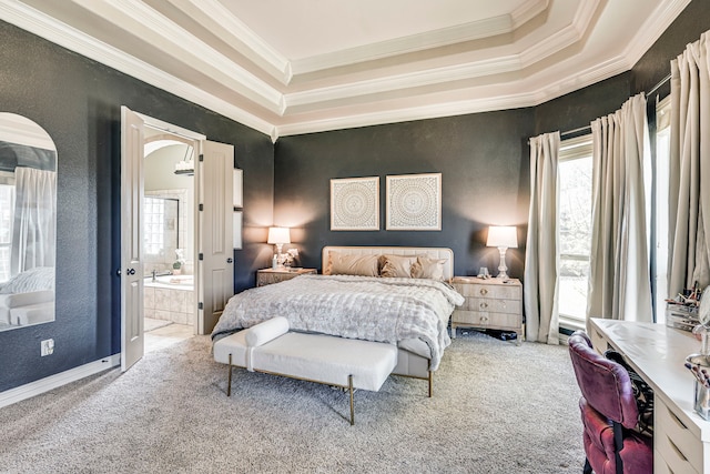 500 Lismore Dr, Mansfield, TX 76063 - bedroom with a raised ceiling, ensuite bath, ornamental molding, and carpet