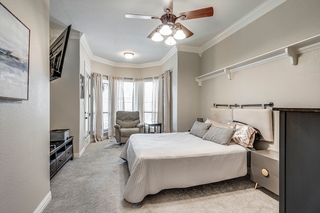 500 Lismore Dr, Mansfield, TX 76063 - carpeted bedroom featuring baseboards, ornamental molding, and ceiling fan