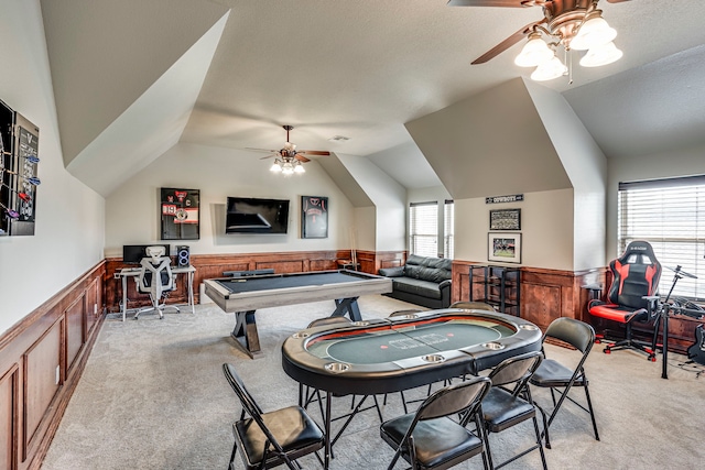 500 Lismore Dr, Mansfield, TX 76063 - recreation room featuring ceiling fan, vaulted ceiling, wainscoting, and light carpet