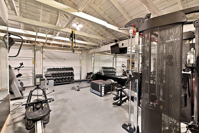 505 Heyser Dr, Dallas, TX 75224 - exercise room with wood ceiling, lofted ceiling, and a garage