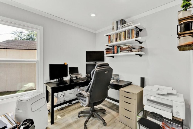 505 Heyser Dr, Dallas, TX 75224 - home office featuring recessed lighting, ornamental molding, and light wood-style flooring