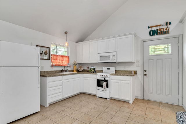 105 Park Trail Pl, Joshua, TX 76058 - kitchen featuring white appliances, a sink, light tile patterned floors, white cabinetry, and high vaulted ceiling