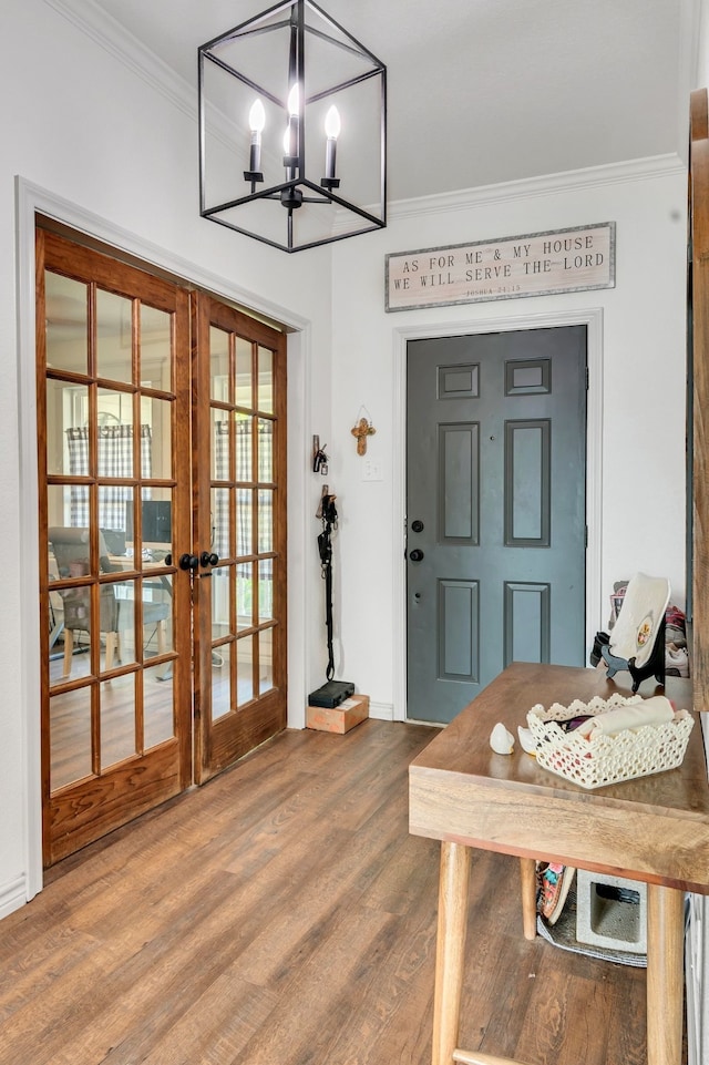 105 Park Trail Pl, Joshua, TX 76058 - doorway to outside featuring french doors, ornamental molding, a chandelier, wood finished floors, and baseboards