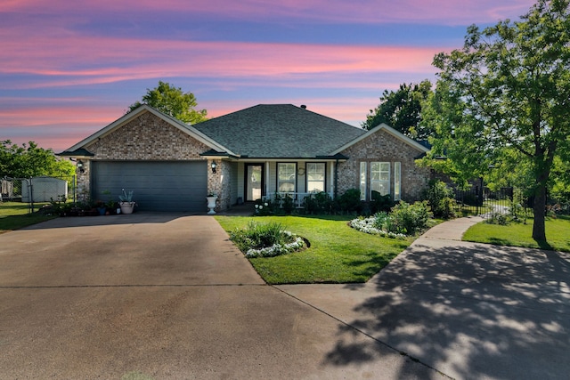 105 Park Trail Pl, Joshua, TX 76058 - ranch-style house featuring concrete driveway, a garage, covered porch, a shingled roof, and brick siding