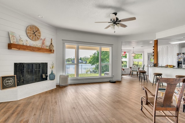 105 Park Trail Pl, Joshua, TX 76058 - living room featuring a ceiling fan, wood finished floors, and a fireplace