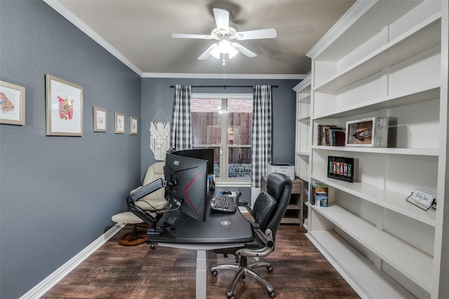 office area with baseboards, a ceiling fan, wood finished floors, and crown molding