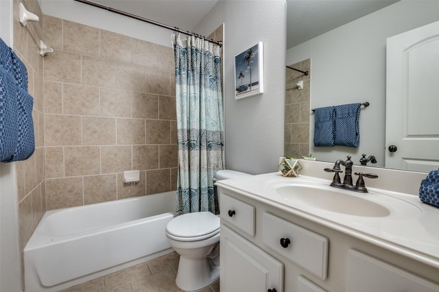 bathroom with tile patterned floors, vanity, shower / bathtub combination with curtain, and toilet