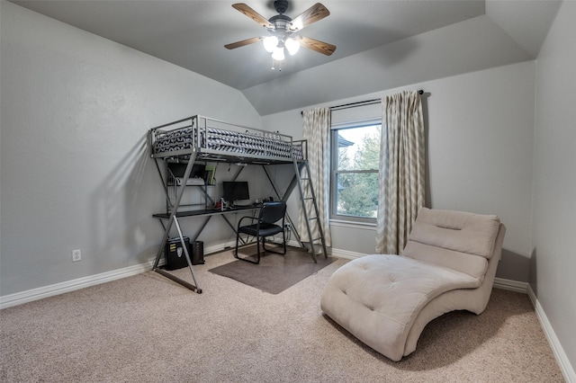 carpeted bedroom featuring baseboards, a ceiling fan, and lofted ceiling