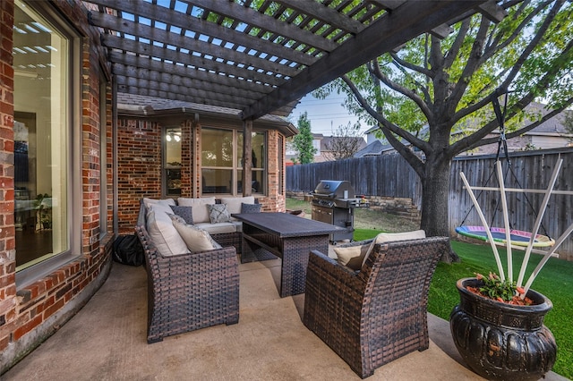 view of patio / terrace with a pergola, an outdoor hangout area, a fenced backyard, and a grill
