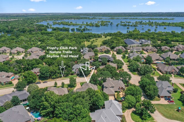 bird's eye view featuring a water view and a residential view
