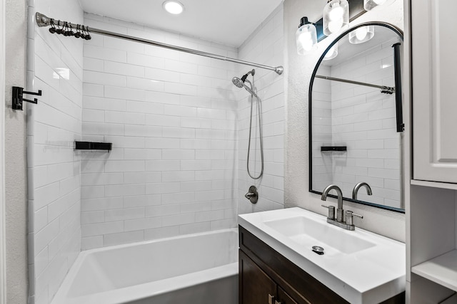 full bath with recessed lighting, vanity, and bathing tub / shower combination