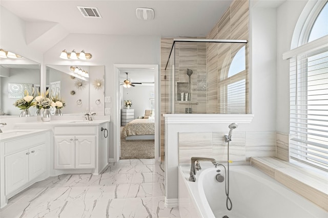 1036 Rutherford St, Frisco, TX 75036 - ensuite bathroom featuring a sink, marble finish floor, visible vents, double vanity, and a bath