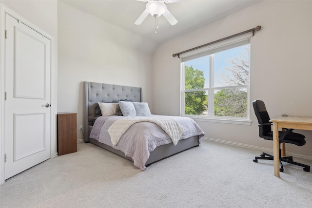 5205 Coral Springs Dr, Flower Mound, TX 75022 - bedroom featuring light colored carpet, an office area, baseboards, a ceiling fan, and vaulted ceiling