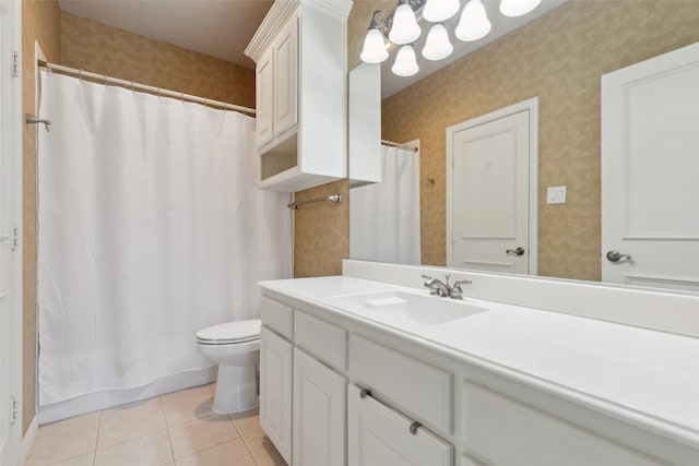 5205 Coral Springs Dr, Flower Mound, TX 75022 - full bath with tile patterned flooring, vanity, toilet, a shower with curtain, and a chandelier