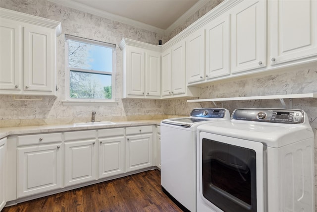 5205 Coral Springs Dr, Flower Mound, TX 75022 - clothes washing area featuring separate washer and dryer, cabinet space, dark wood-style floors, and crown molding