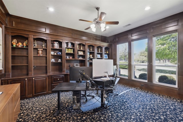 5205 Coral Springs Dr, Flower Mound, TX 75022 - office featuring ceiling fan, a decorative wall, recessed lighting, and crown molding