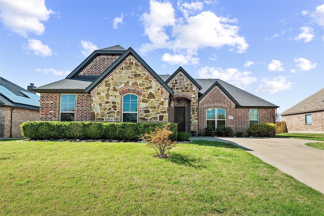 french country home with roof with shingles, brick siding, stone siding, and a front lawn