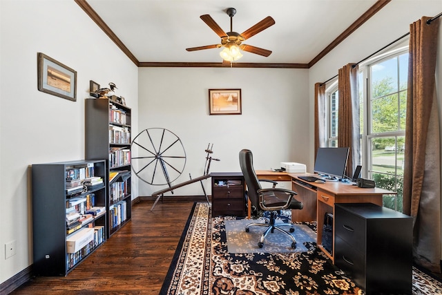 office featuring ceiling fan, baseboards, crown molding, and wood finished floors