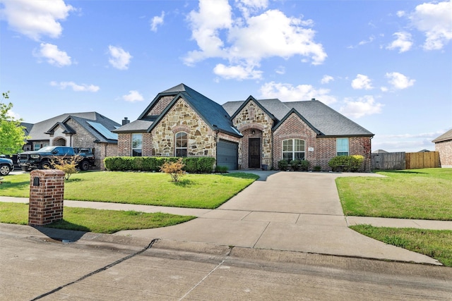 french country inspired facade with fence, a front lawn, brick siding, an attached garage, and concrete driveway