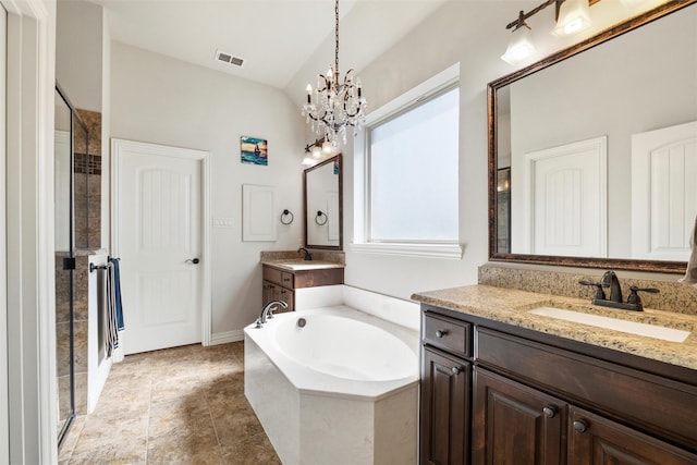 bathroom featuring a bath, visible vents, a sink, and a stall shower