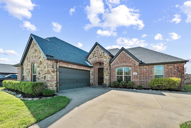view of front facade featuring brick siding, an attached garage, stone siding, and driveway