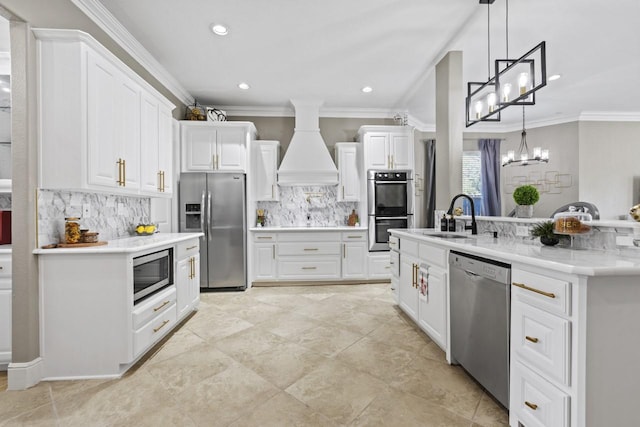 847 Bentwater Pkwy, Grand Prairie, TX 75104 - kitchen with appliances with stainless steel finishes, a sink, custom range hood, crown molding, and tasteful backsplash