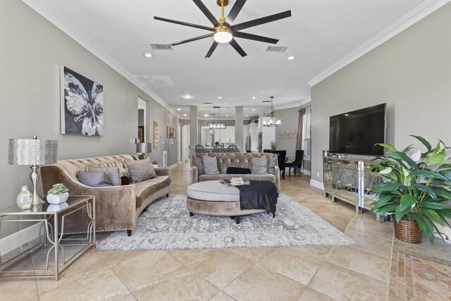 847 Bentwater Pkwy, Grand Prairie, TX 75104 - living room featuring a chandelier, ornamental molding, ceiling fan, recessed lighting, and tile patterned flooring