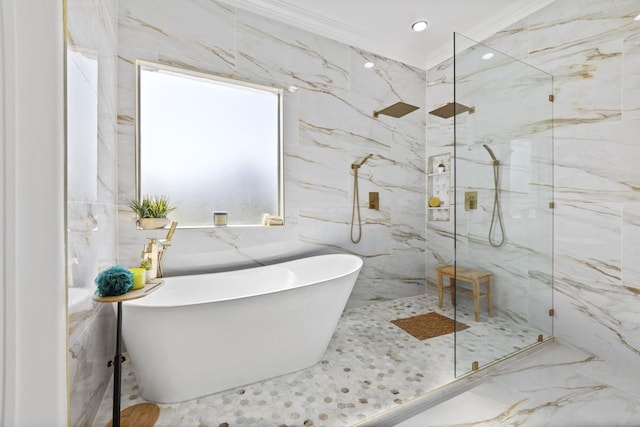 847 Bentwater Pkwy, Grand Prairie, TX 75104 - bathroom with a marble finish shower, a soaking tub, crown molding, marble tiled floors, and tile walls