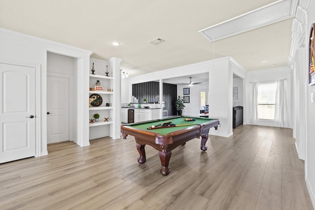 847 Bentwater Pkwy, Grand Prairie, TX 75104 - playroom with attic access, light wood-style floors, ornamental molding, billiards table, and built in features