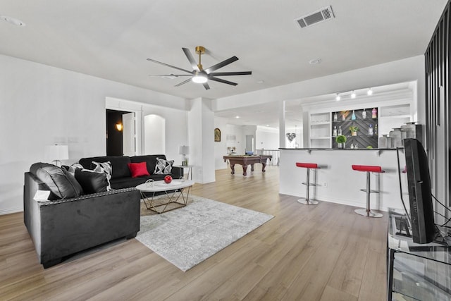 847 Bentwater Pkwy, Grand Prairie, TX 75104 - living room featuring a ceiling fan, light wood-style floors, billiards table, a dry bar, and baseboards